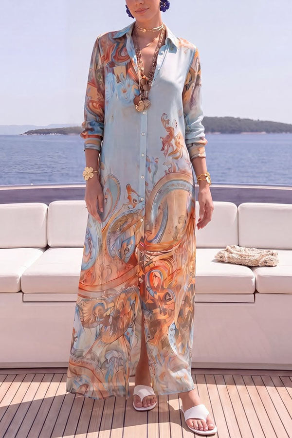 Boho Vintage Art Print Button Down Maxi Shirt Dress