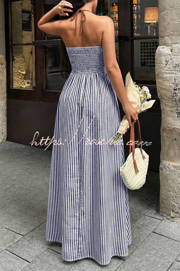 Striped Print V-Neck Sleeveless Backless Holiday Maxi Dress