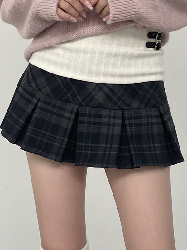 College-Style Spliced Pleated Mini Skirt