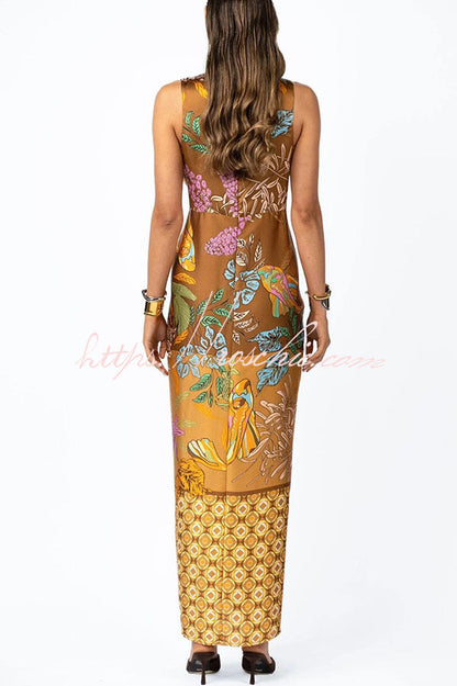 Naturally Inspired Satin Unique Floral Print Twist Waist Slit Drape Maxi Dress