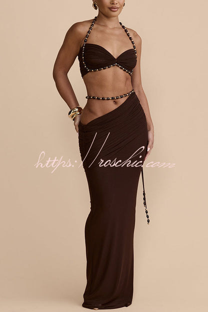 Emara Stretch Mesh Hand Beaded Detachable Belt Gathered Waist Vacation Maxi Skirt