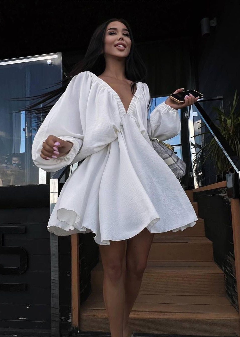 Elegant V-Neck Mini Dress - Chic Lantern Sleeve Party Gown