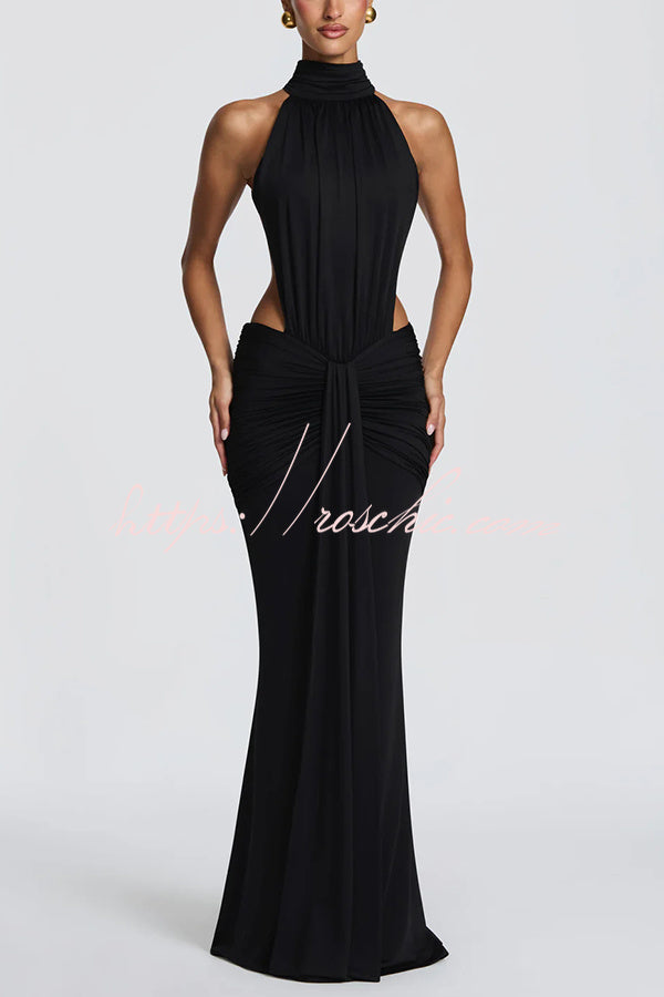 Thekla Stretch Slinky Jersey High Neck Ruched Backless Drape Maxi Dress