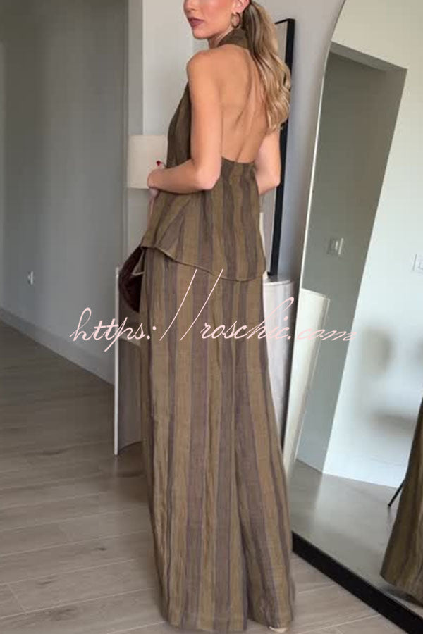 Aloof Style Striped Linen Blend Halter Vest and High Rise Button Pocket Wide Leg Pants Set