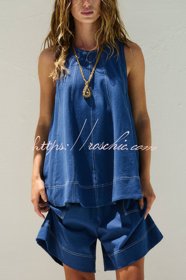Stylish Loose-fitting Round Neck Sleeveless Top and Casual Pocket Shorts Denim Set