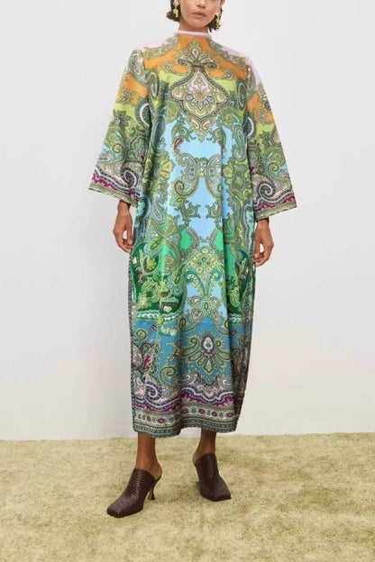 Paisley Print Tie-Waist Slit Maxi Kaftan Dress