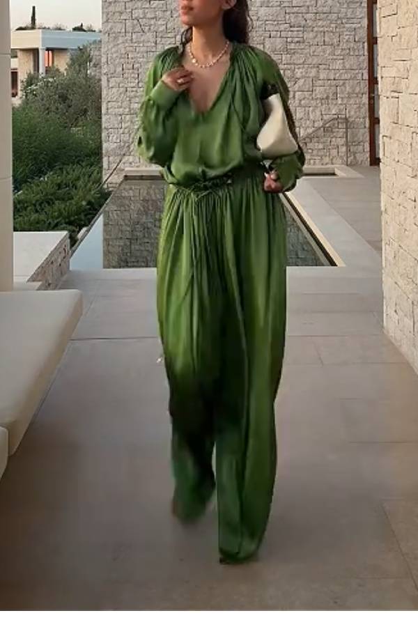 Olive Green Satin Relaxed Wide-Leg Pants Suit