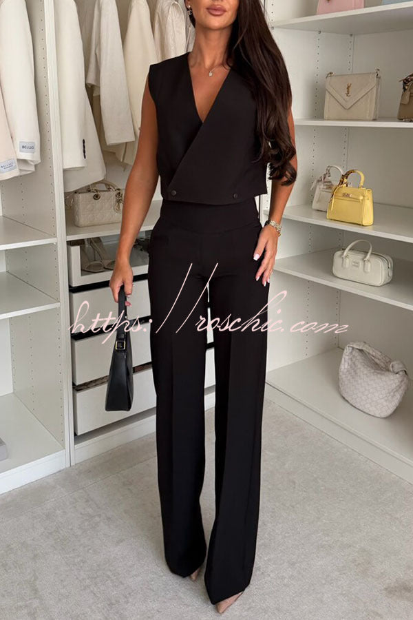 Office Hours V-neck Button Tank and Pleated High Rise Pocket Loose Pants Set