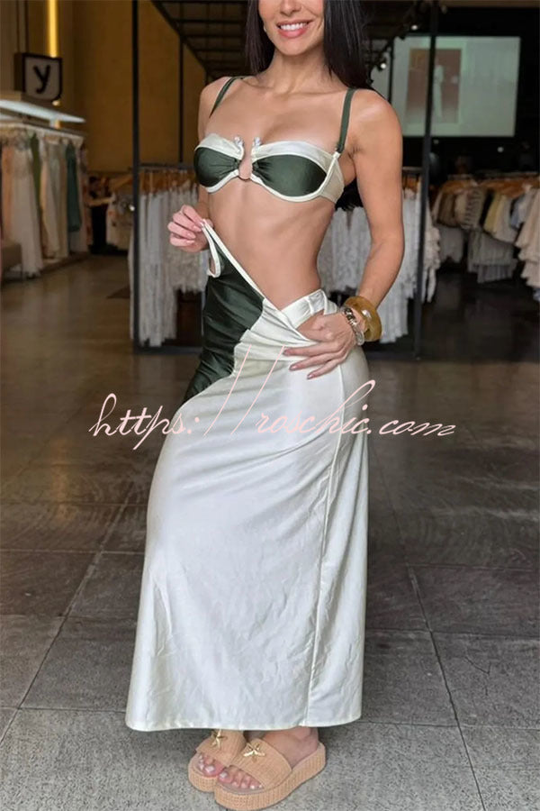 Colorblock U-Hardware Detail Straps Elastic Bikini and Cover-up Maxi Dress Three-piece Set