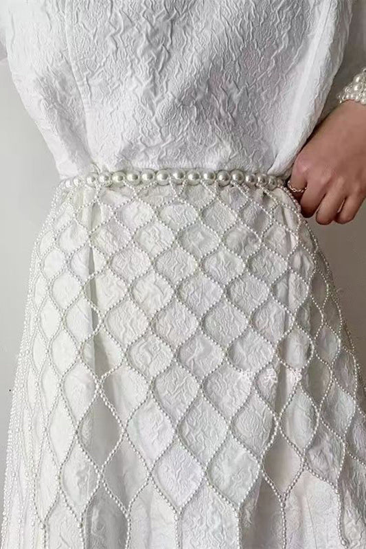 French-style Dress with A Cinched Waist and A Pearl Tassel Waist Chain