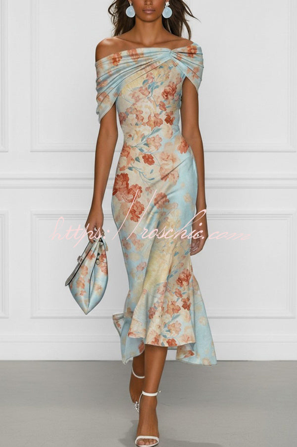 Floral Off-shoulder Sleeveless Fishtail Midi Dress