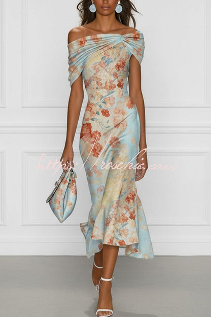 Floral Off-shoulder Sleeveless Fishtail Midi Dress