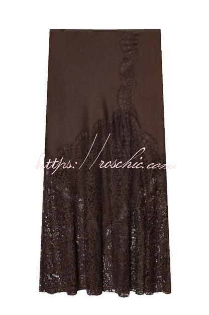 Solid Color Silk Satin and Lace Spliced elegant Maxi Skirt