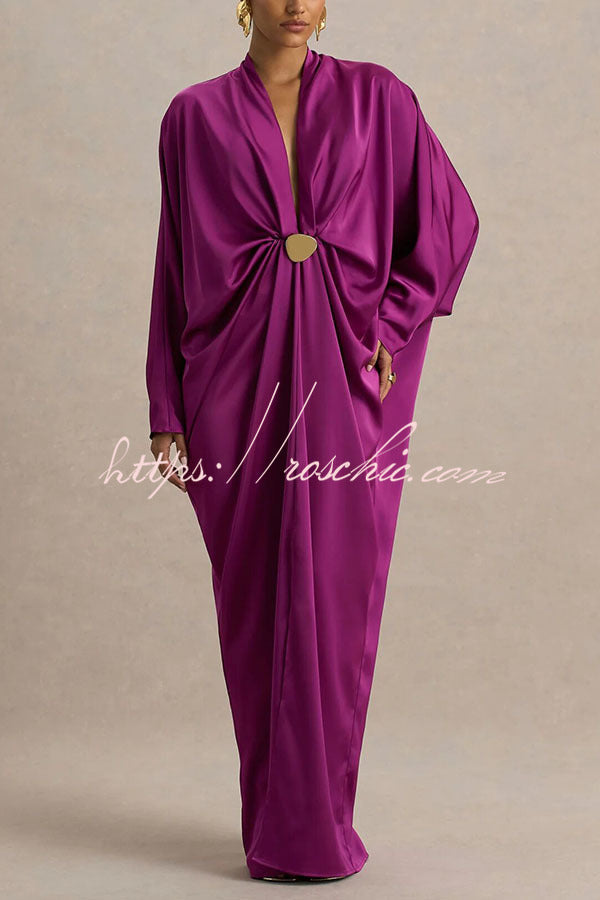 Tina Satin Plunge V-neck Gold Trim Detail Long Batwing Sleeve Maxi Dress