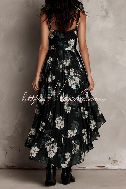 Midnight Wildflower High-Low Ruffle Floral Dress