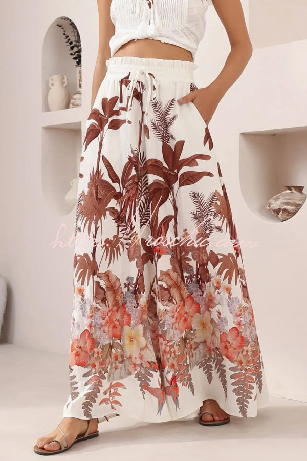Leaf Print Casual Elastic Waist Pocket Loose Wide-leg Pants