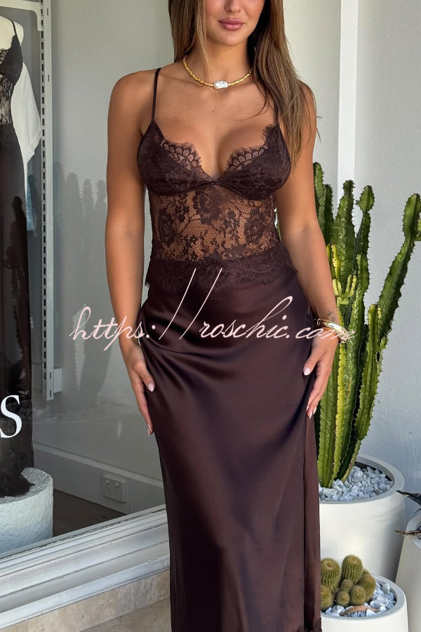 Fashionable Satin Lace Patchwork Sheer V-neck Elegant Slim-fit Maxi Dress