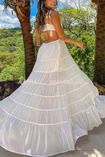 Soleil Crochet Tassel Shoulder Strap Cutout Waist Chiffon Polka Dot Vacation Maxi Dress