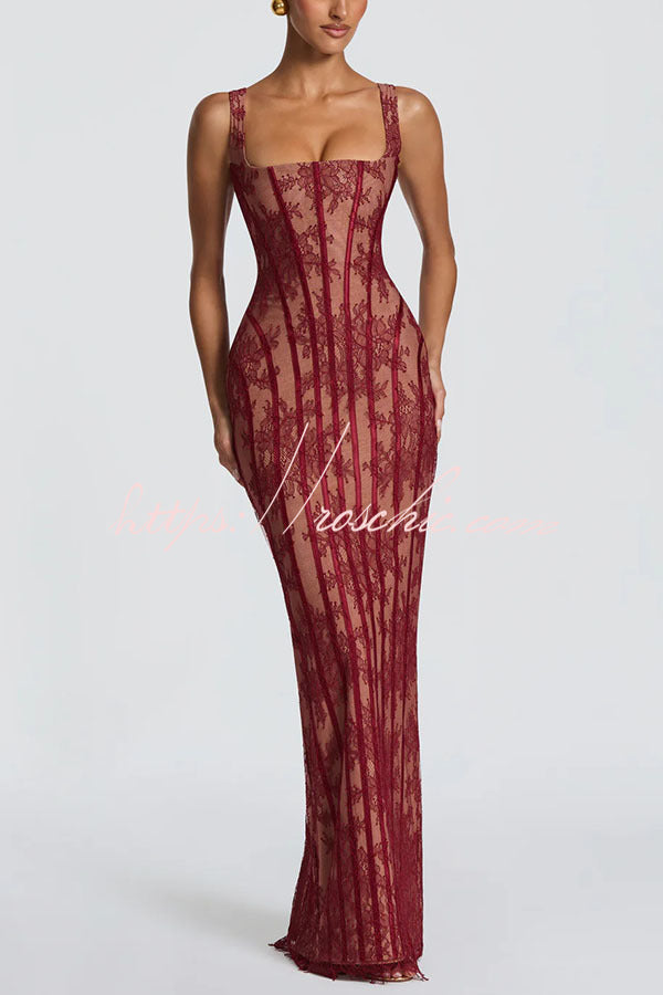 Polina Floral Lace Contrast Structural Detail Square Neck Back Lace-up Slit Maxi Dress