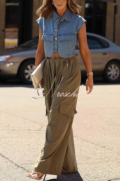 Stylish Weekend Denim Button Up Cape Sleeve Pocket Crop Top