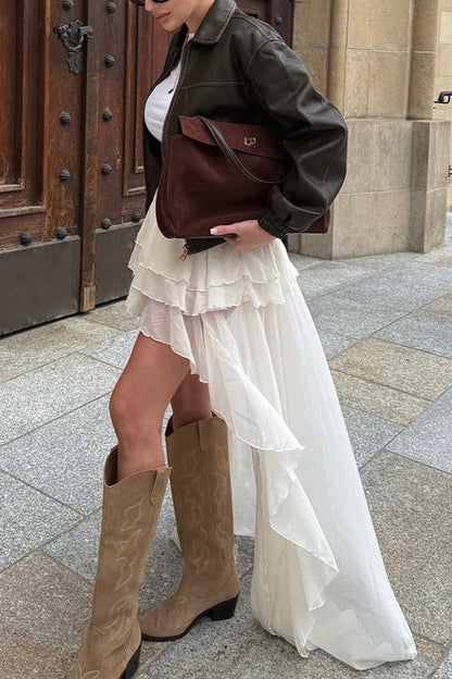 Asymmetric Hem Elastic Waist A-Line Skirt