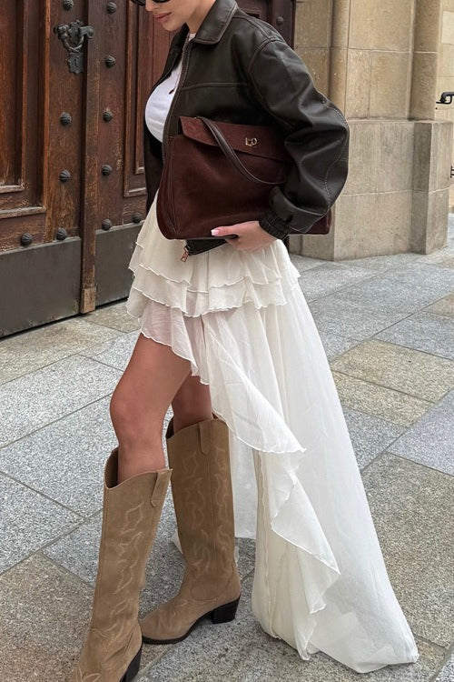 Asymmetric Hem Elastic Waist A-Line Skirt