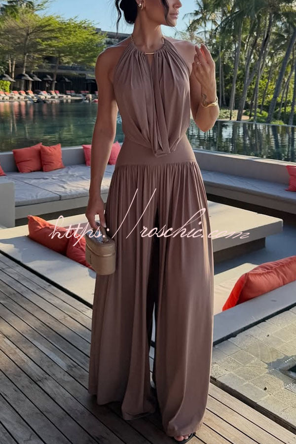 Lightweight Chic Metal Ring Drape Cowl Halter Neck Bodysuit and Elastic Waist Wide Leg Pants Set