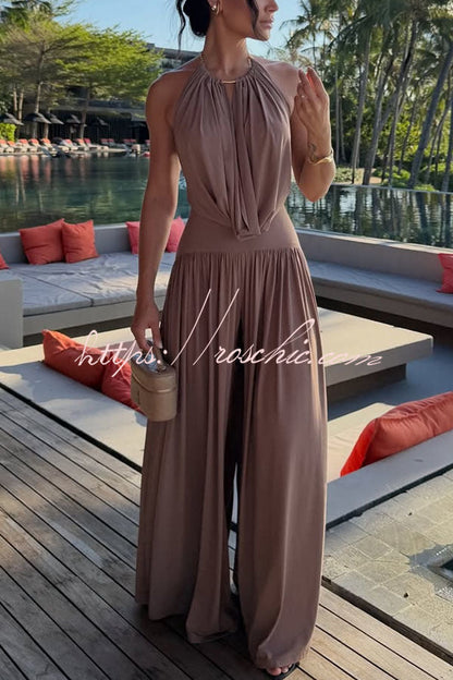 Lightweight Chic Metal Ring Drape Cowl Halter Neck Bodysuit and Elastic Waist Wide Leg Pants Set