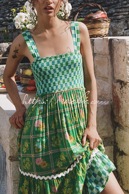 Yolanda Ric Rac Trims Unique Print Smocked Bust Back Lace-up Maxi Dress