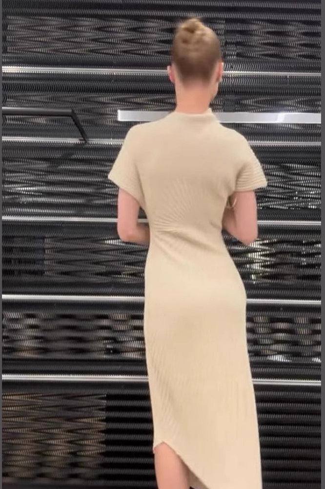 Solid Ribbed Pleated Slit Slim  Elegant Sweater Dress