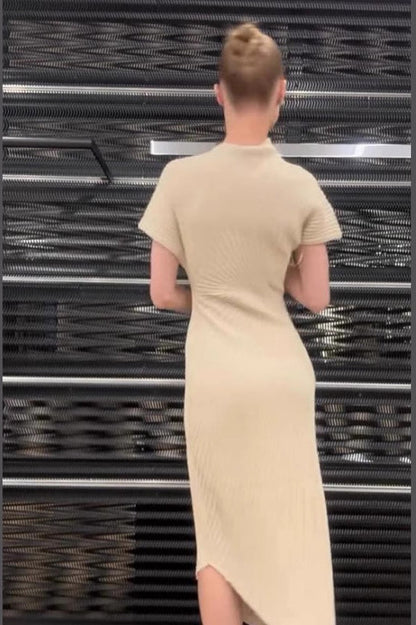 Solid Ribbed Pleated Slit Slim  Elegant Sweater Dress
