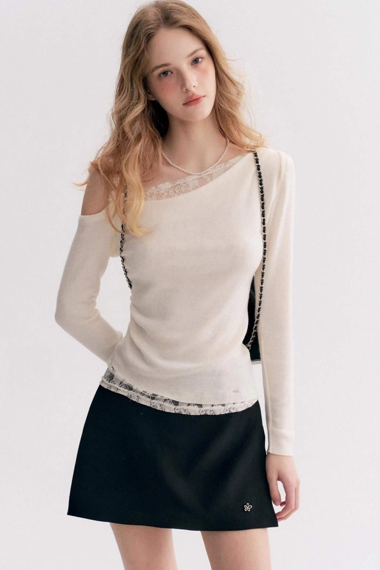 Lace Trim One Shoulder Slim  Long Sleeve Blouse