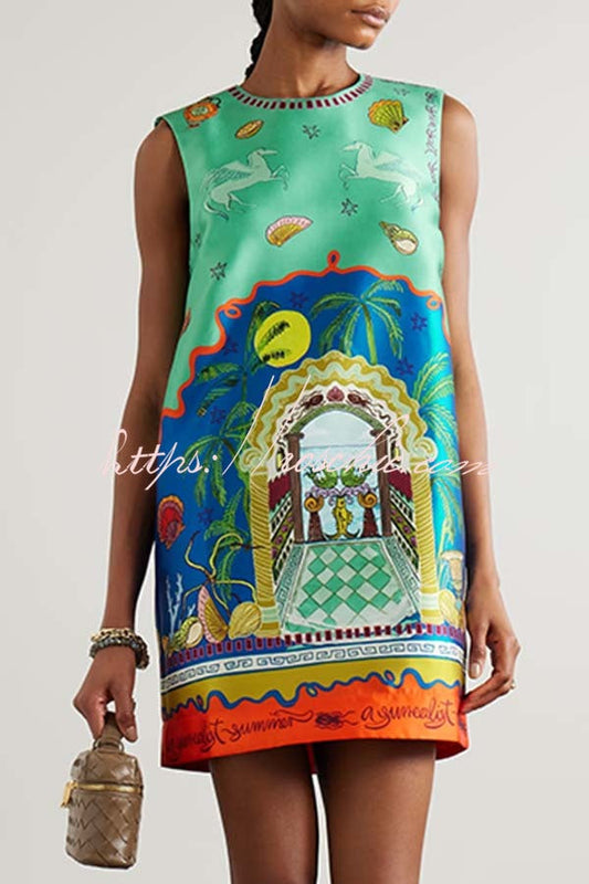 Natural Beauty Satin Unique Print Sleeveless H-line Mini Dress