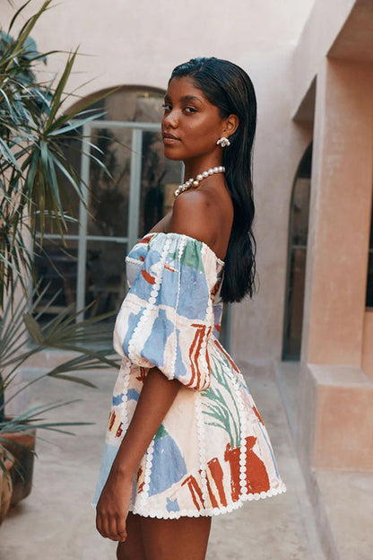 Always Remarkable Off Shoulder Print Mini Dress