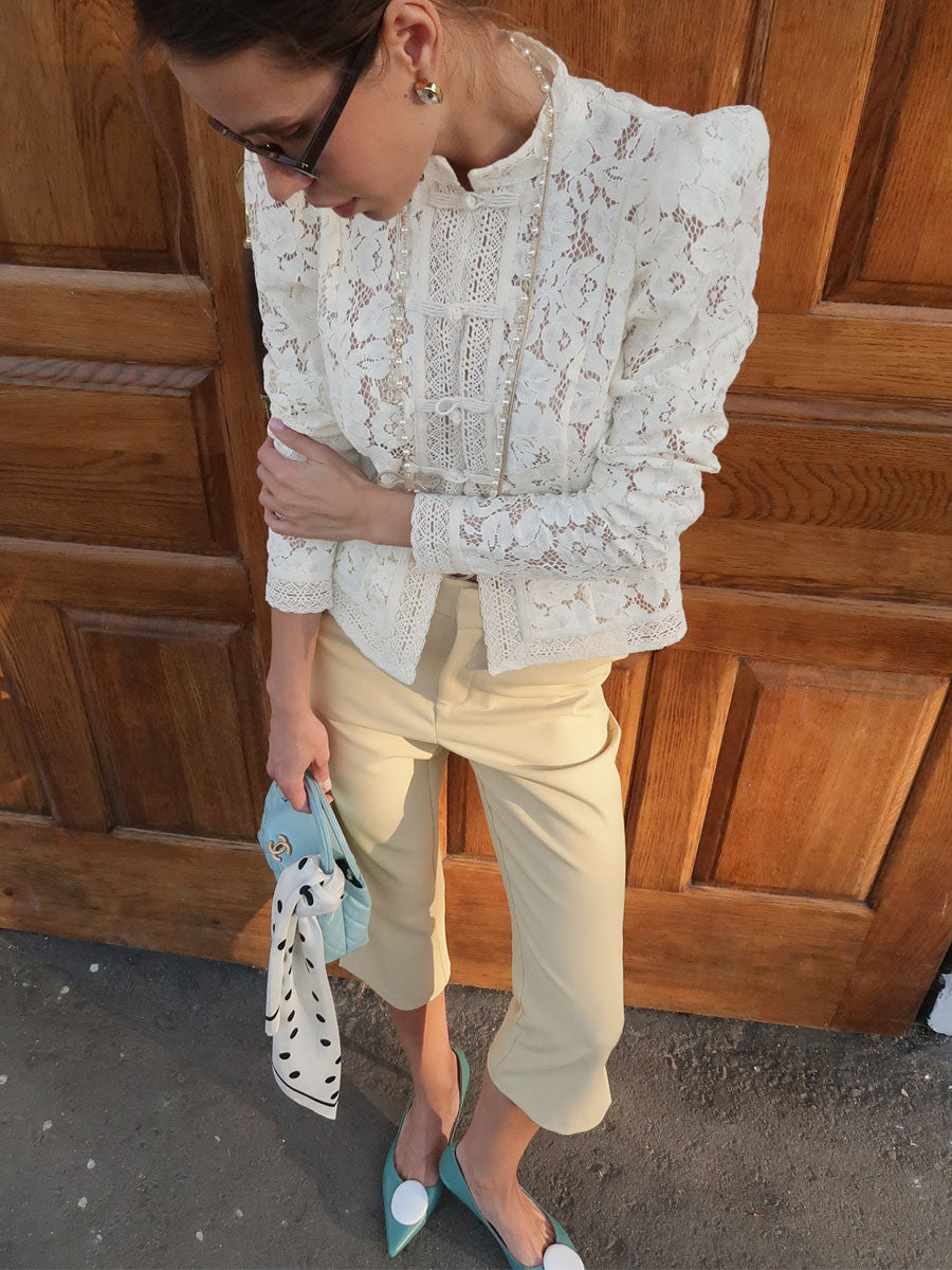Lace Puff-Sleeve Cotton Tops