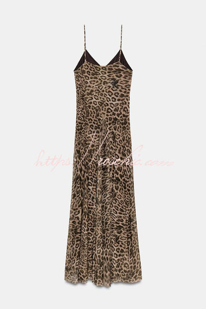 Jaycie Tulle Leopard Print V-neck Pleated A-line Hem Slip Maxi Dress