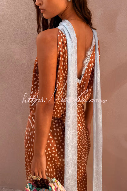 Stunning Fawn Print Contrast Color Satin Lace Trim Neck Strap Loose Tank