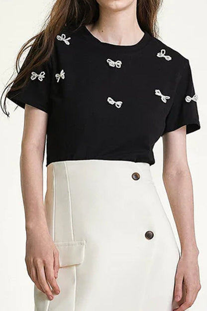Black Faux-Pearl Bow Embellished Cotton Blouse