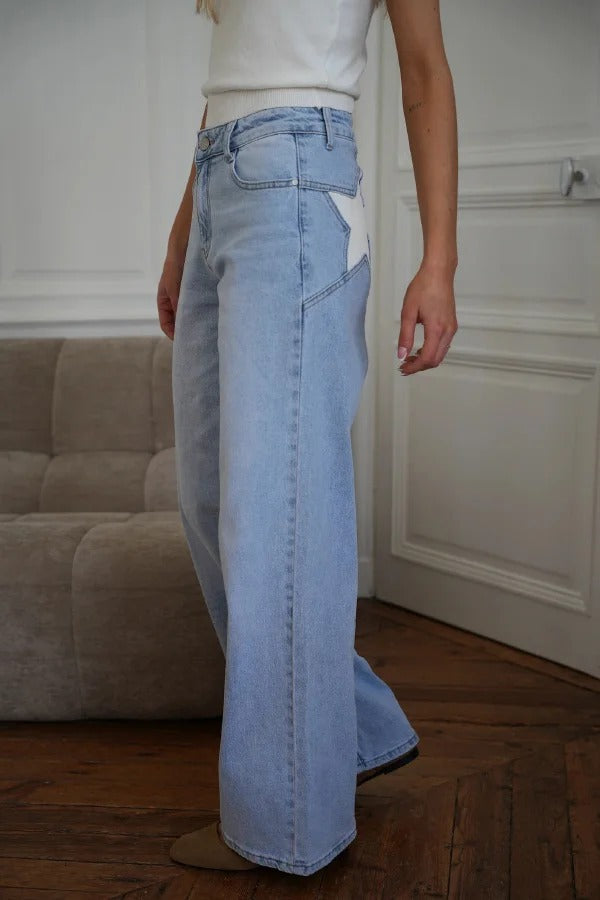 Stylish Denim Colorblock Star Patterned Mid Waist Pocket Wide Leg Jeans