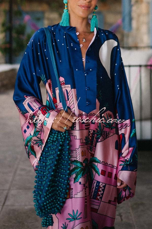 Seaside Stroll Satin Unique Print Button Up Long Sleeve Slit Kaftan Midi Dress