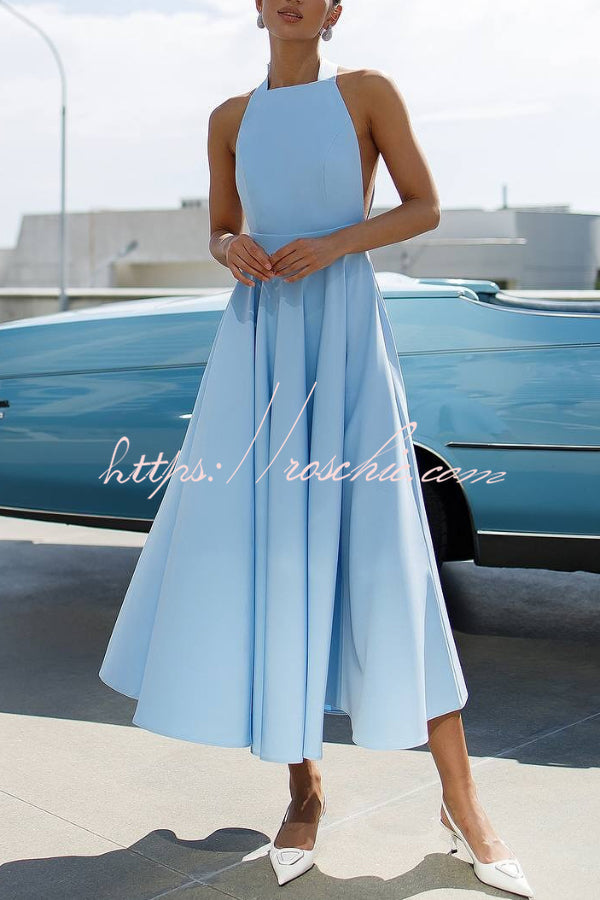 Solid Color Halter Neck Bow Tie Elegant Waist-cinching Midi Dress