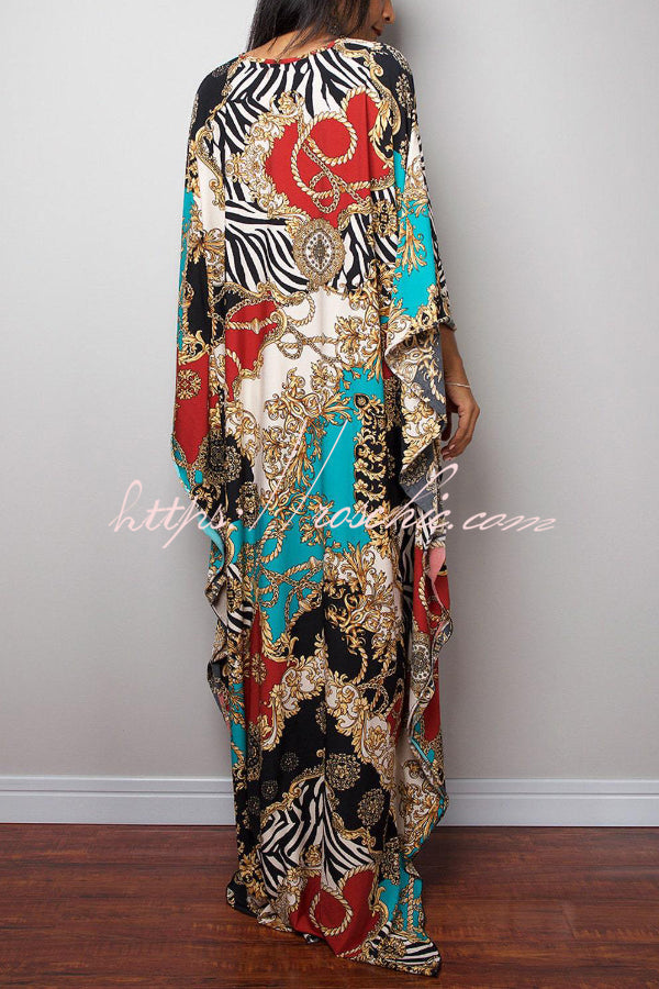 Unique Print Loose V-Neck Batwing Sleeve Casual Maxi Dress