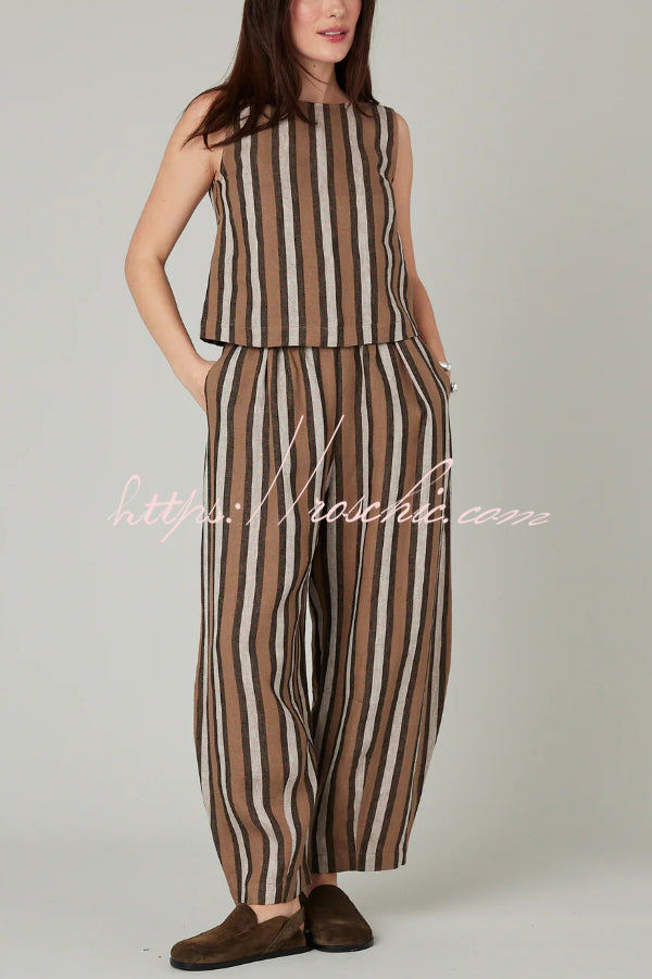 Striped Printed Crew Neck Sleeveless Top and Elastic Waist Wide-leg Pants Set