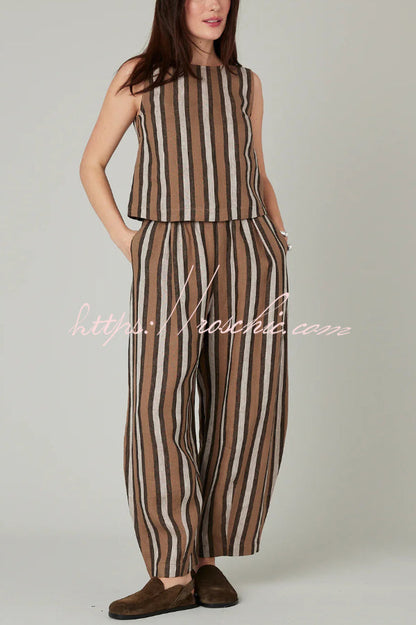 Striped Printed Crew Neck Sleeveless Top and Elastic Waist Wide-leg Pants Set