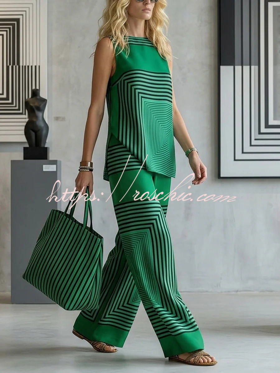 Geometric Print Loose-fitting Round Neck Sleeveless Top and Elastic Waist Casual Pocket Wide-leg Pants Set