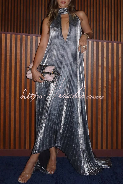 Celebration Party Pleated Metallic Fabric High Deep V-cutout Halter Neck A-line Maxi Dress