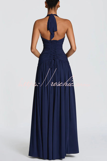 Amaris Halter Tie-up V-neck Ruched Detail Back Lace-up Slit Drape Maxi Dress