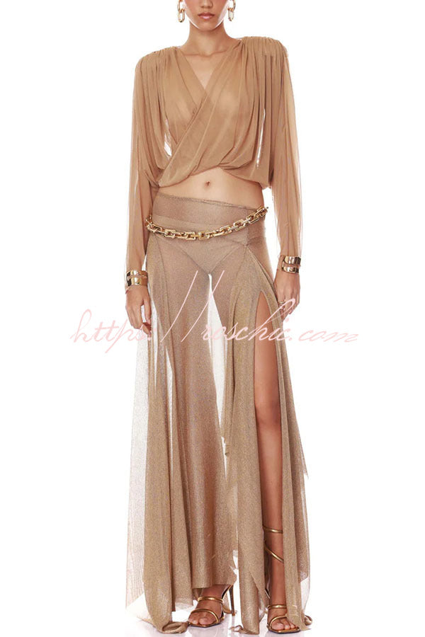 Dazzle Vacation Metallic Knit Long-sleeve Draped Crop Top and Mid Rise Irregular Slit Hem Maxi Skirt Set
