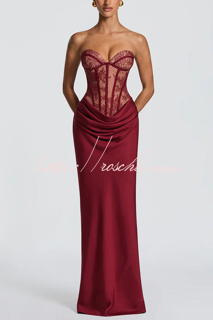 Kathleen Floral Lace Contrast Structural Detail Back Lace-up Satin Hem Strapless Maxi Dress