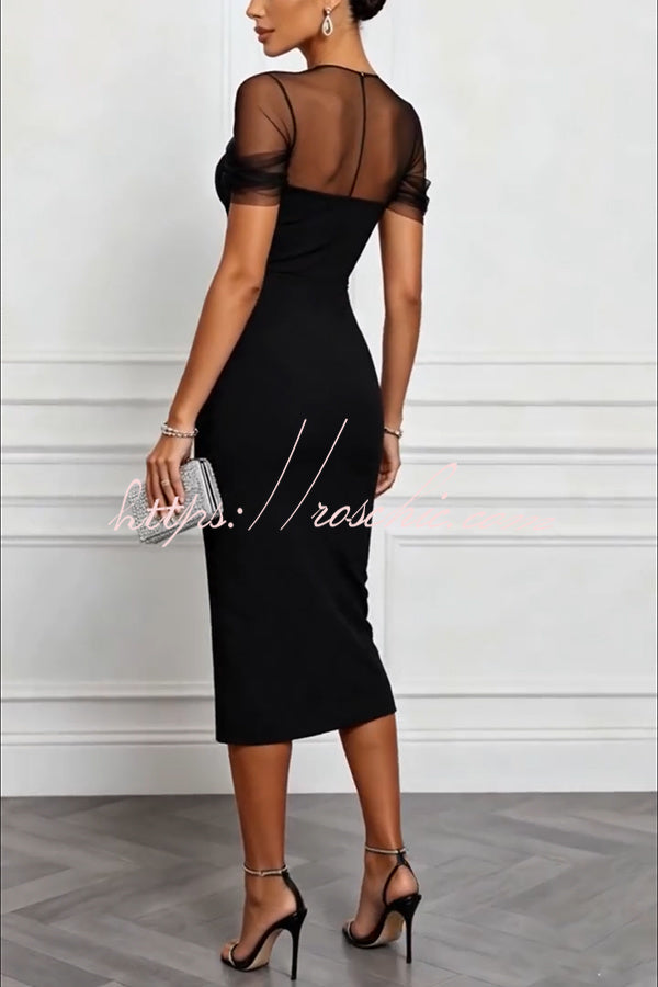 Emilie Mesh Sleeve Patchwork Sweetheart Neck Stretch Midi Dress